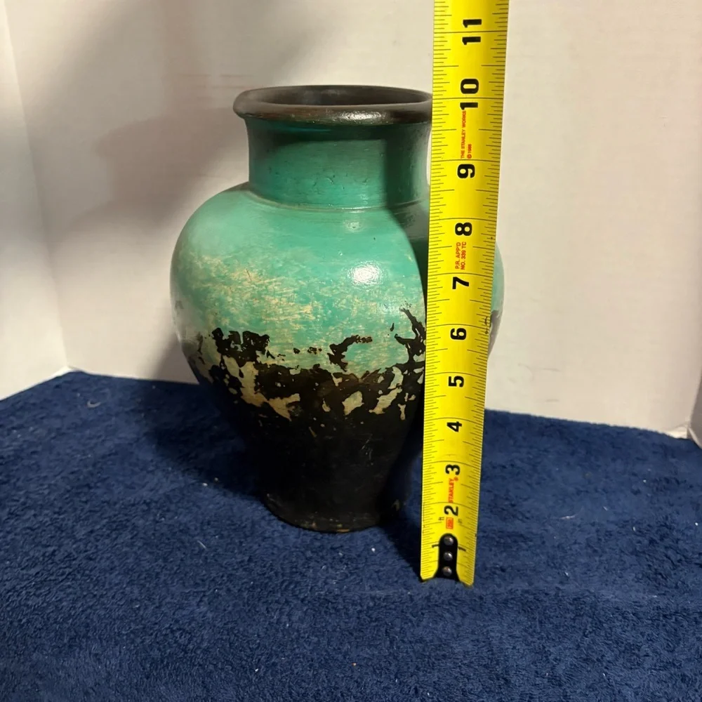 Vintage 10” Teal Black Abstract Terracotta Vase Art Pottery Decor - Unmarked